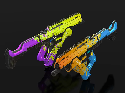 Futuristic Guns With Vibrant Yellow Purple Orange Blue Graffiti Splatter Patterns 3d model