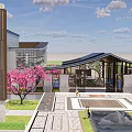 Modern Commercial Architectural Landscape with Glass Facade Pink Tree and Paved Plaza