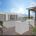 Sunny Outdoor Patio With Wooden Deck Marble Countertop Green Plants And Coastal View