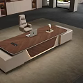 Modern Luxury Office Desk With Wooden Desktop White Chair LED Bookshelf Large Window And Greenery