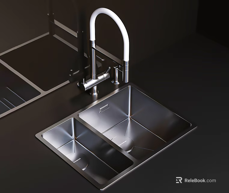 Modern Kitchen Faucet with Stainless Steel Sink on Black Countertop Design 3d model 