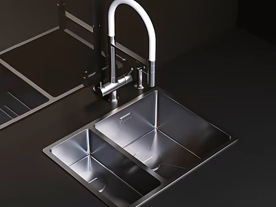 Modern Kitchen Faucet with Stainless Steel Sink on Black Countertop Design 3d model