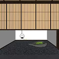 Japanese Style Indoor Miniature Garden Featuring Moss Covered Stone And Wooden Lattice Screen