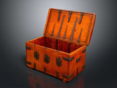 Traditional Wooden Storage Chest With Open Lid Orange Exterior Red Interior And Metal Hardware 3d model
