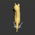 Golden Deer Figurine With White Curved Antlers On Black Surface And Reflection