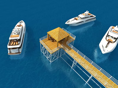 Scenic Blue Sea with Three Yachts and Wooden Dock with Yellow Roof Extending into Water 3d model