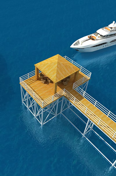 Scenic Blue Sea with Three Yachts and Wooden Dock with Yellow Roof Extending into Water 3d model