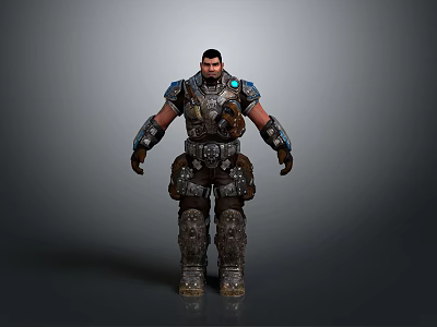 3D Male Warrior Character In Heavy Mechanical Armor With Glowing Chest And Arm Details 3d model