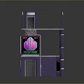 Cartoon Scenery Featuring Multi layered Building Pink Logo Blue Lights And Black Gray Structure