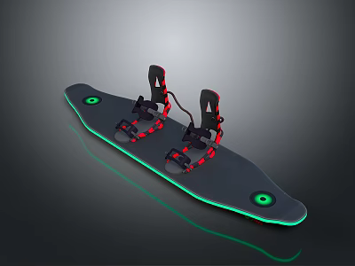 Electric Skateboard With Black Deck Green Circular Lights And Red Strap Foot Bindings 3d model