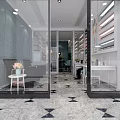 Beauty Hair Salon Interior With Light Blue Walls Gray Sofas Flower Decorations And Marble Floor