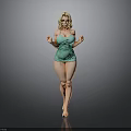 Blonde Woman In Teal Swimsuit Standing Barefoot With Hands Raised Against Grey Background