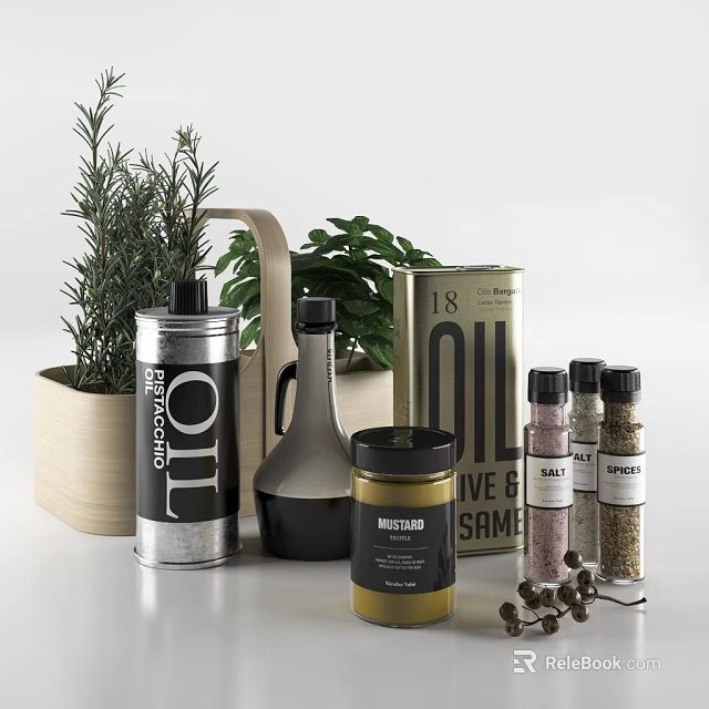Kitchen Countertop Spice Bottles Featuring Oil Vinegar Mustard Salt Pepper And Fresh Herbs 3d model 