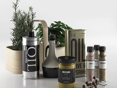 Kitchen Countertop Spice Bottles Featuring Oil Vinegar Mustard Salt Pepper And Fresh Herbs 3d model