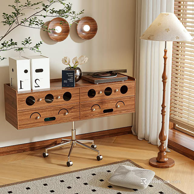 Wooden Mobile Storage Cabinet With Drawers Boxes Vase And Vinyl Records In Living Room 3d model 