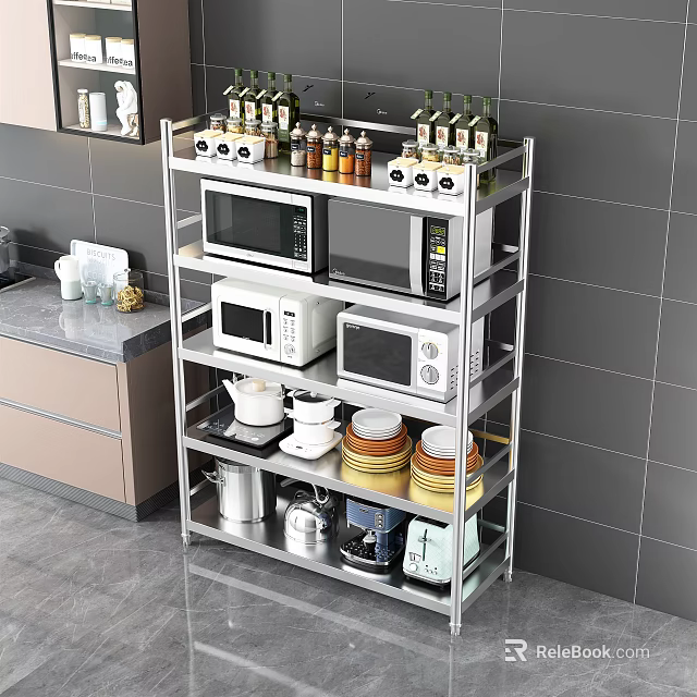Multilayer Kitchen Storage Shelf Organizing Microwave Ovens Spice Bottles Dishes And Cookware 3d model 