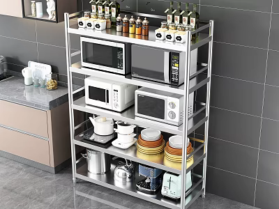 Multilayer Kitchen Storage Shelf Organizing Microwave Ovens Spice Bottles Dishes And Cookware 3d model