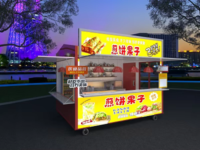 Pancake Food Cart Open Display Design With Night Lighting And Street Food Setup 3d model