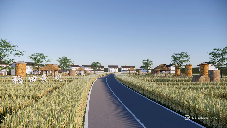 Rural Landscape Featuring Winding Road Through Wheat Fields With Houses And Trees Under Blue Sky 3d model 
