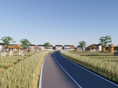 Rural Landscape Featuring Winding Road Through Wheat Fields With Houses And Trees Under Blue Sky 3d model