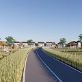 Rural Landscape Featuring Winding Road Through Wheat Fields With Houses And Trees Under Blue Sky