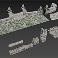 Decorative Stone Garden Elements With Walls Pillars Golden Tops Slab Paths And Grass