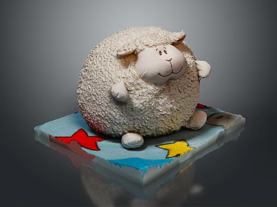 Fluffy White Sheep Doll Sitting On Blue Base With Red And Yellow Stars 3d model