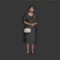 Woman in Black Dress Holding White Handbag Standing on Dark Floor with Gray Background