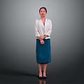 Woman in White Blazer and Blue Skirt Standing with Hands Crossed on Gray Background