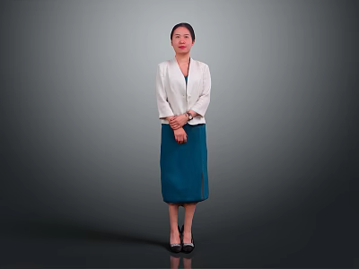 Woman in White Blazer and Blue Skirt Standing with Hands Crossed on Gray Background 3d model