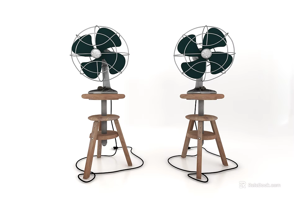 Two Air Cooler Fans With Black Blades On Wooden Stands For Home Use 3d model 