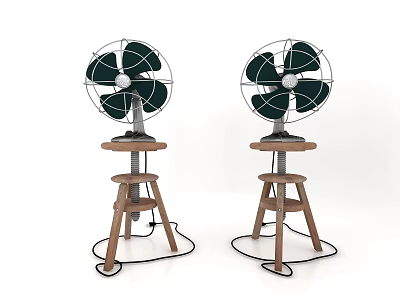 Two Air Cooler Fans With Black Blades On Wooden Stands For Home Use 3d model