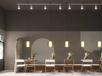 Modern Restaurant Interior Featuring Long Dining Table White Chairs Pendant Lights Arched Wall Flower Arrangements 3d model