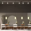 Modern Restaurant Interior Featuring Long Dining Table White Chairs Pendant Lights Arched Wall Flower Arrangements