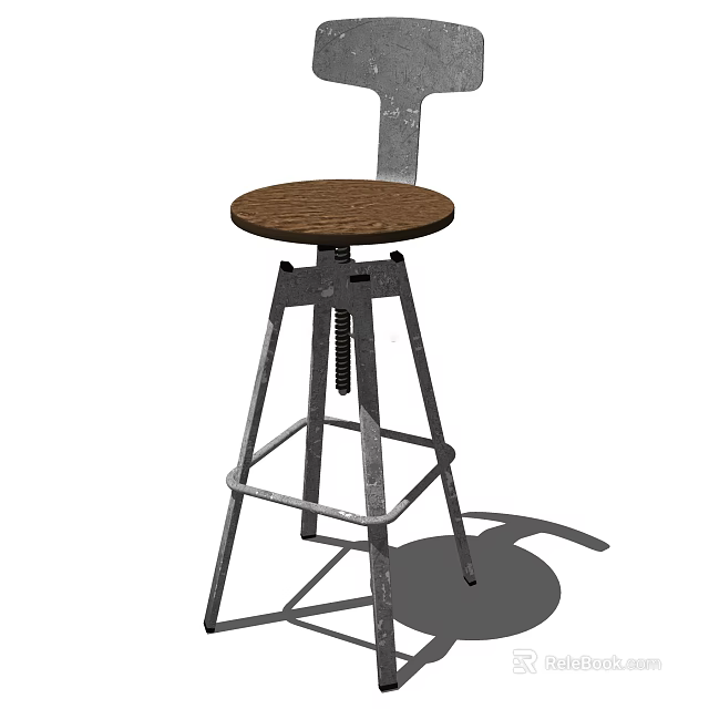 Industrial Style Bar Stool With Wooden Seat Metal Frame And Adjustable Height For Home Bar 3d model 