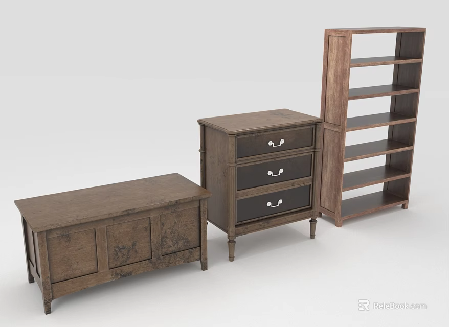 Rustic Wooden Furniture Set Including Storage Chest Drawer Cabinet And Tall Bookshelf 3d model 