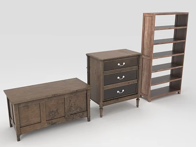 Rustic Wooden Furniture Set Including Storage Chest Drawer Cabinet And Tall Bookshelf 3d model