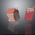 Red Milk Carton And Drink Cup With Straws And Spilled Liquid Marks As Daily Supplies