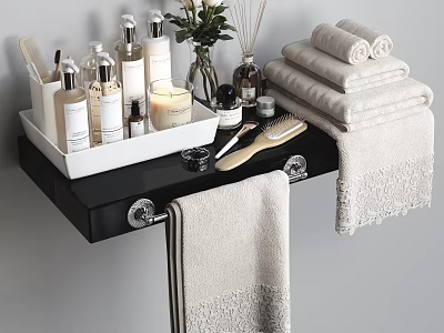 Bathroom Daily Essentials Tray With Toiletries Bottles Candle Towels And Brush 3d model