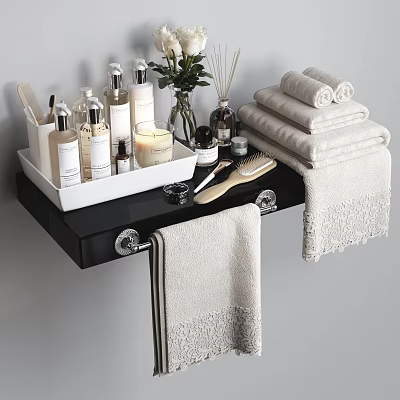 Bathroom Daily Essentials Tray With Toiletries Bottles Candle Towels And Brush 3d model