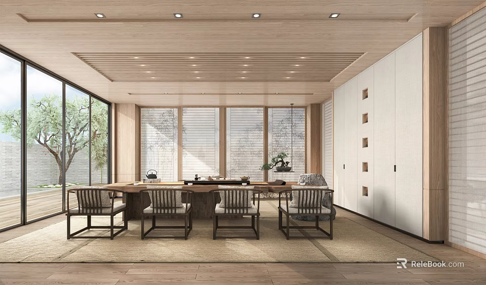 Minimalist Tea Room Interior With Wooden Ceiling Large Windows Solid Wood Table And Chairs 3d model 