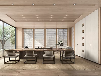 Minimalist Tea Room Interior With Wooden Ceiling Large Windows Solid Wood Table And Chairs 3d model