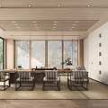 Minimalist Tea Room Interior With Wooden Ceiling Large Windows Solid Wood Table And Chairs