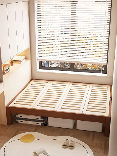 Modern Wooden Double Bed with Slatted Platform Storage Cabinets and Window View 3d model