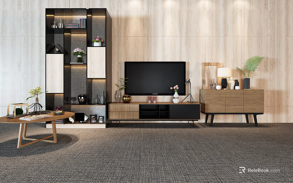 Modern Wooden TV Stand With TV Decorative Shelf And Plants In Minimalist Living Room 3d model 