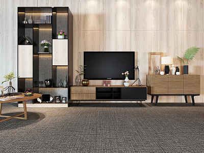 Modern Wooden TV Stand With TV Decorative Shelf And Plants In Minimalist Living Room 3d model