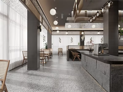 Modern Cafe Interior With Hanging Pendant Lights Wooden Tables And Marble Counter 3d model