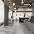 Modern Cafe Interior With Hanging Pendant Lights Wooden Tables And Marble Counter