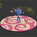 Child singing with music notes and cute animals on round pink spiral platform