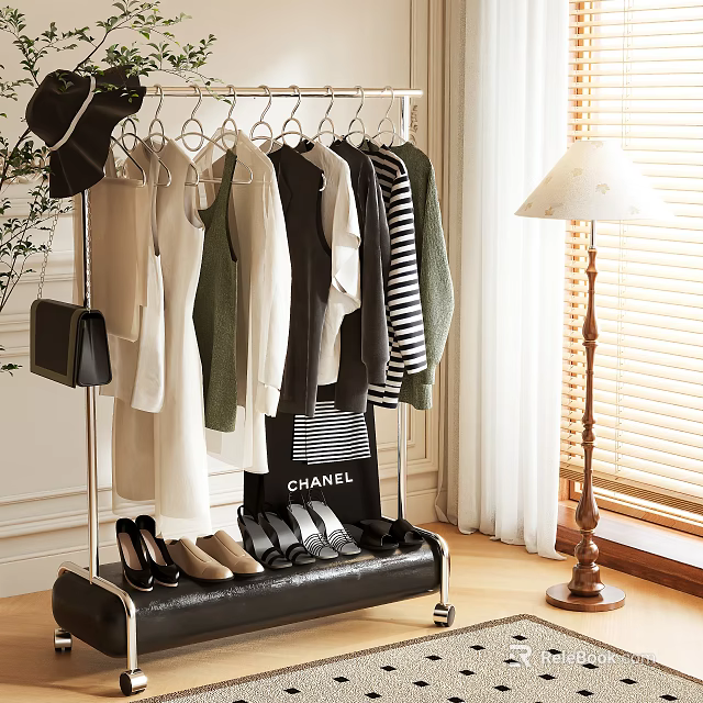 Stylish Garment Rack With Hanging Clothes Various Colors Shoes Chanel Bag And Floor Lamp 3d model 